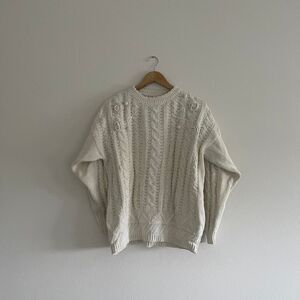 Vintage Crazy Horse Cotton Ramie Fisherman Knit Floral Sweater Womens Size Small